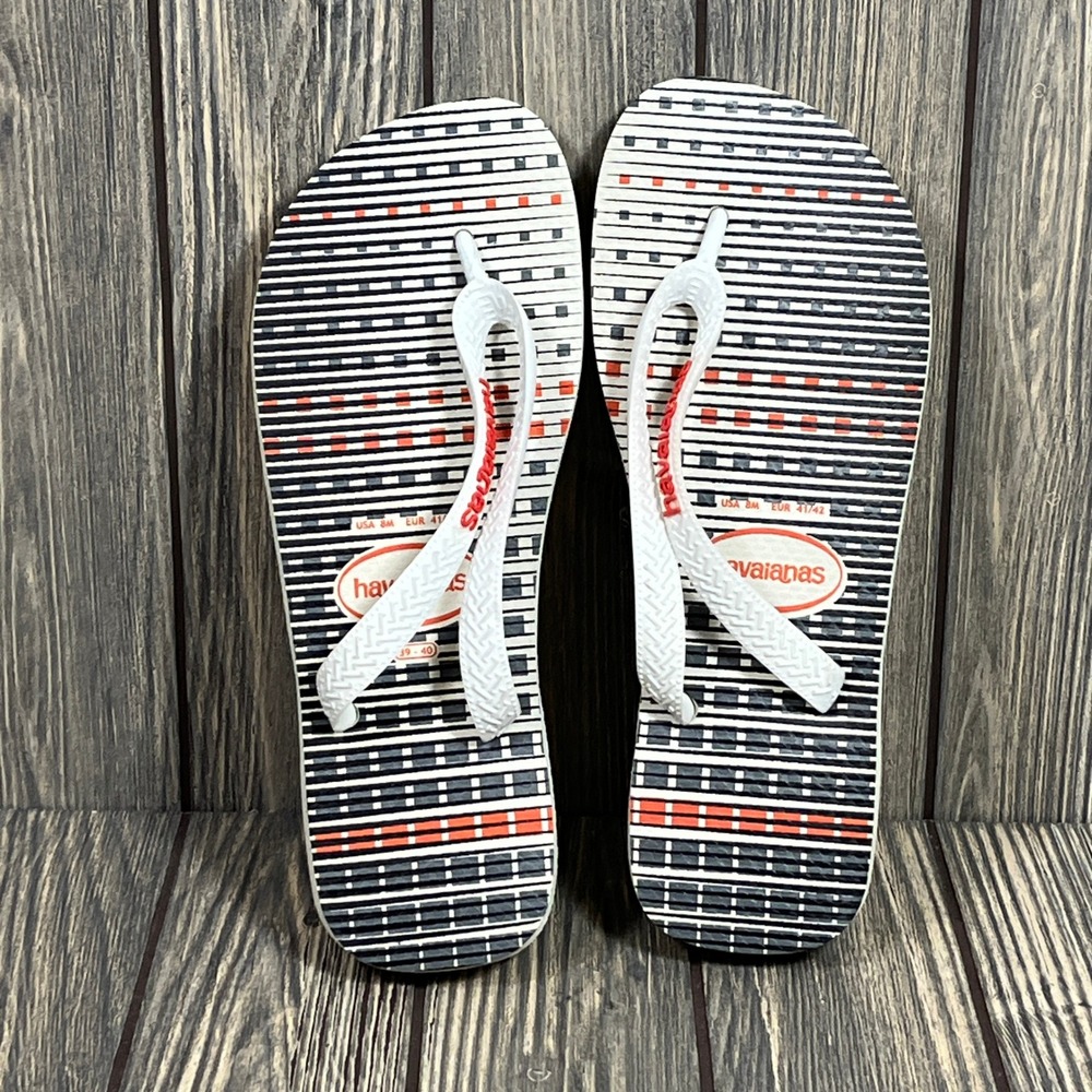Havaianas Flip Flops Mens Size 8 White Striped‎ Geometric Rubber Beach Sandals